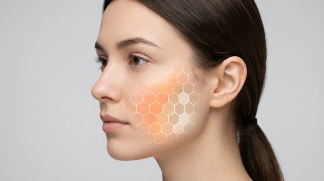 Side profile of woman with orange hexagonal grid graphic on cheek
