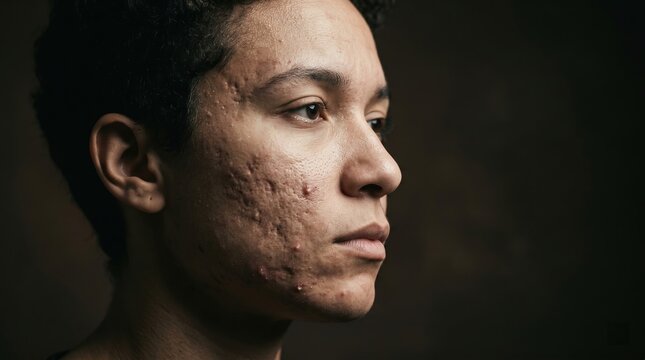 Close up of person with severe acne scars and pimples on face