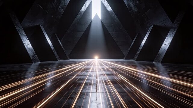 Dark geometric space with triangular structures and converging glowing lines under central beam