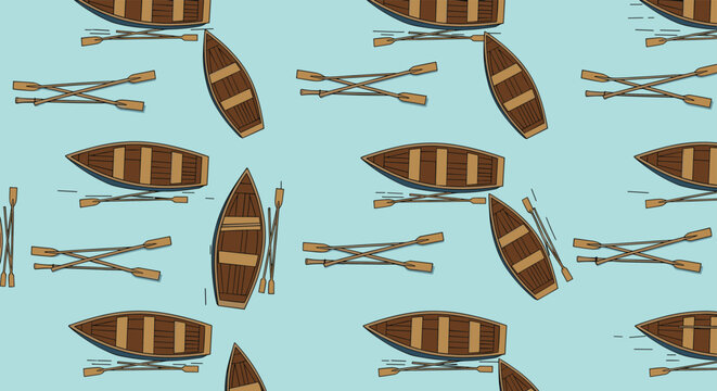 Seamless pattern of classic wooden rowboats and crossed oars floating on a calm light blue water surface for outdoor recreation theme.