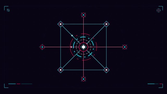 Futuristic HUD motion graphic featuring a rotating digital interface with moving geometric data points for high tech screen displays.