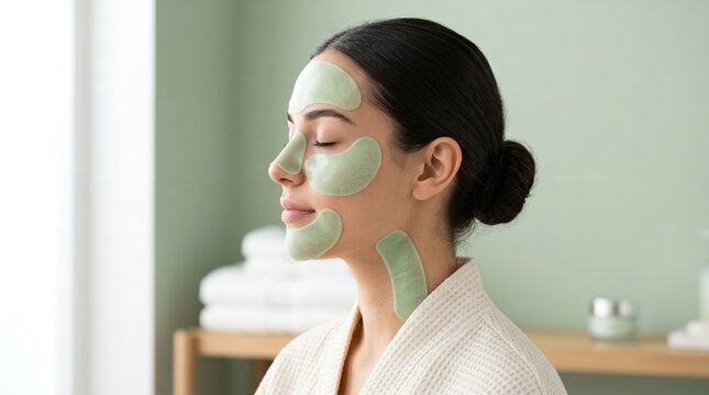 Side view portrait of a serene young woman with green calming hydrogel patches applied on her cheek nose and neck