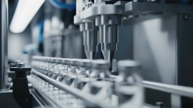 Automated filling machine dispensing liquid into glass vials on production line, showcasing precision and efficiency in pharmaceutical manufacturing process