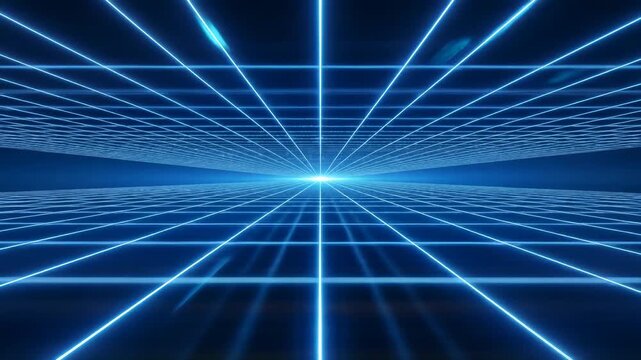 Abstract blue digital grid lines forming a perspective tunnel with glowing central point