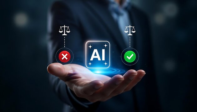 AI Ethics and Regulation Concept with Businessman Hand Holding Artificial Intelligence Icon, Checkmark and Cross Symbols