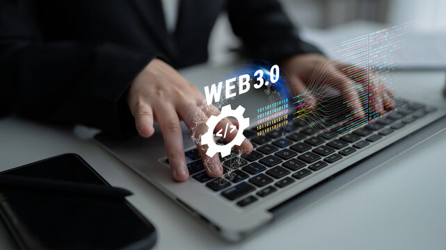 The concept of Web 3.0 development and decentralized data processing. The flow of binary code and information in the next generation internet. Motif