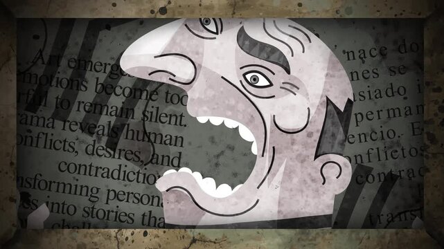 black and white cubist framed portrait of an angry man during a panic attack