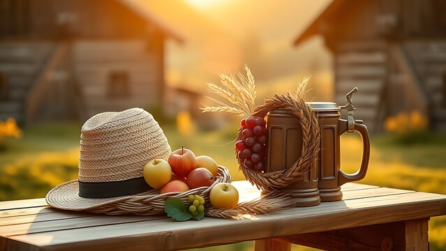 stein. Woven straw hat and fruit basket with apples and grapes, wheat wreath and beer stein on wooden table. menu design.