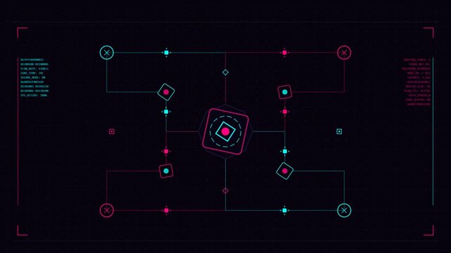 Futuristic digital HUD interface with neon nodes and system data.