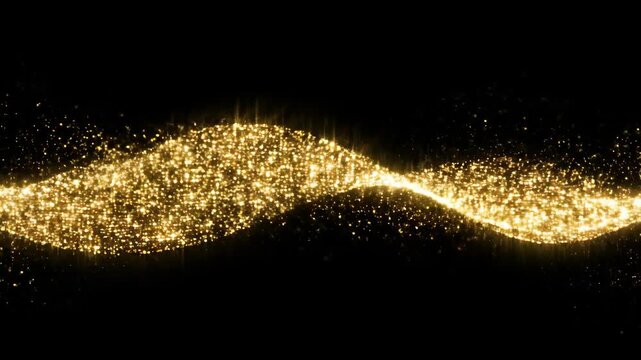 Golden sparkling particles flow in a continuous wave pattern against a black background, creating a mesmerizing visual effect of shimmering light and motion