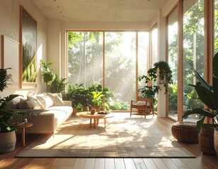 Fototapeta premium A serene living room with large windows and lush greenery (97)