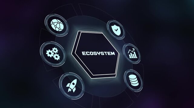 Digital business ecosystem and global network connectivity icons on futuristic HUD interface.