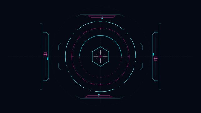 Animated sci-fi HUD interface with rotating circular rings and digital magenta crosshairs for futuristic data visualization