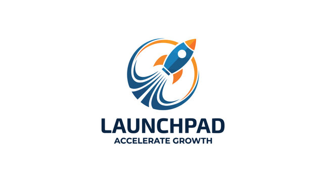 dynamic startup with rocket ship blasting off growth acceleration high-velocity results for tech companies marketing agencies business consultants logo design