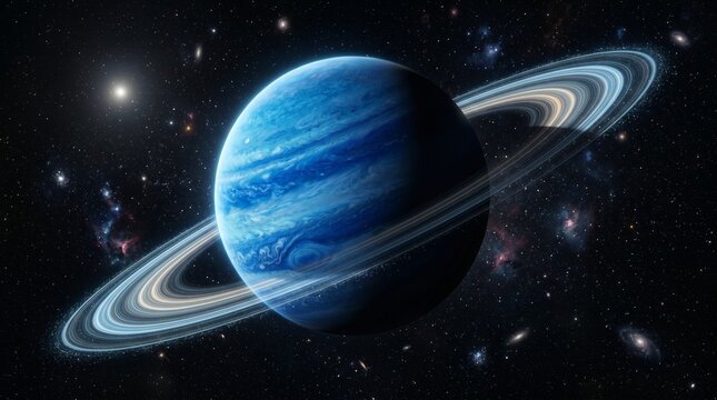 Stunning blue gas giant planet with rings in deep space