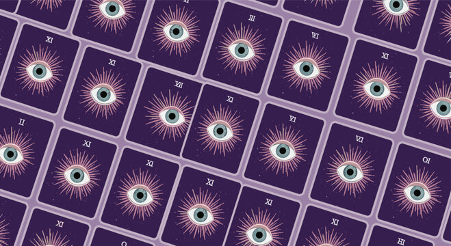 Mysterious pattern of tarot cards featuring a mystical eye symbol surrounded by sunburst rays on a deep purple backdrop.