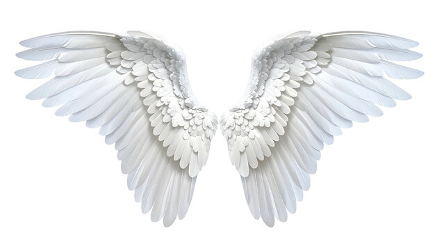 Symmetrical pair of pristine white wings, with detailed feather textures against a transparent black background. Pure design, angelic