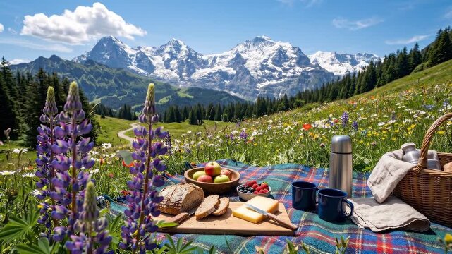 Panning alpine picnic blanket with basket, bread, fruit and thermos in wildflower meadow, snowy peaks, bright peaceful summer.