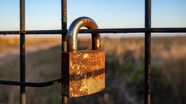 Old Rusty Padlock on a Metal Fence in an Outdoor Setting