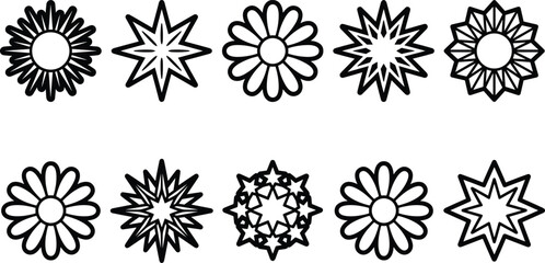 Obraz premium Geometric Flower and Star Silhouette Icon Vector Set with Retro Y2K Sparkle Shapes for Modern Graphic Branding and Logo Design Elements
