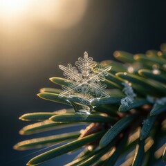 Fototapeta premium Close-up of delicate frost-covered dragonfly on pine needles in soft golden sunlight