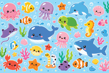 Obraz premium Cute Ocean Animals Cartoon Vector Set