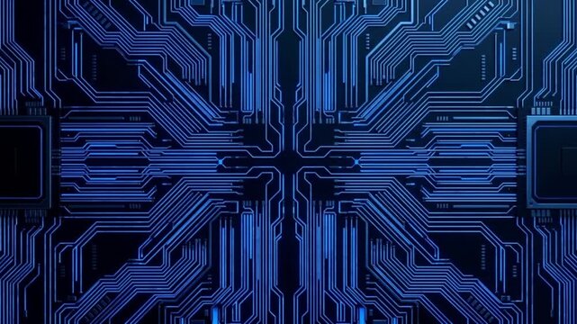 青く発光するAIマイクロチップの回路基板の俯瞰映像