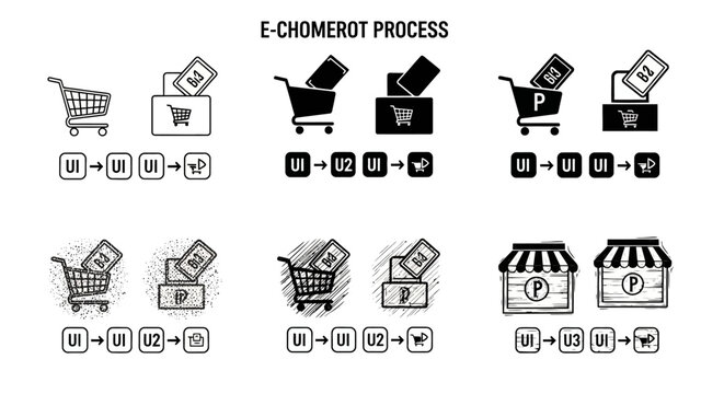 E commerce process illustration showing shopping cart product selection and payment steps with UI flow diagrams in different visual styles like sketch and solid icons