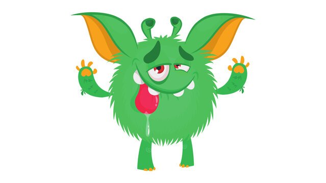 Funny green cartoon monster with big orange ears drooling isolated on transparent background