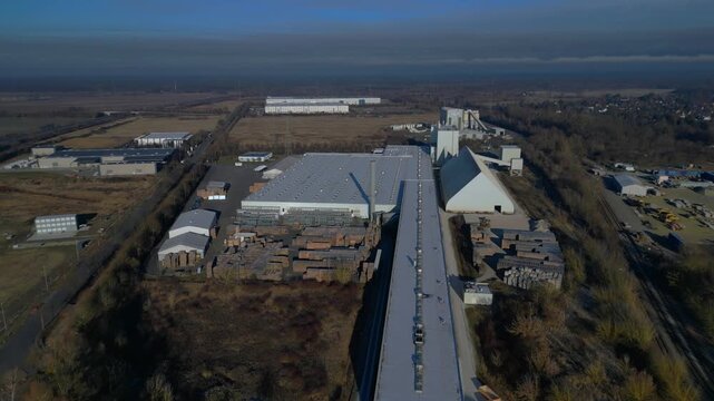 Industrial factory complex production Gipsum drywall. Best aerial view drone