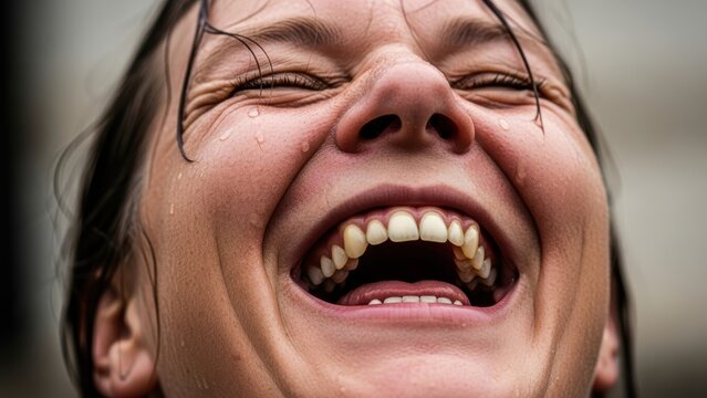 A woman with wet hair laughing ecstatically with her eyes closed.