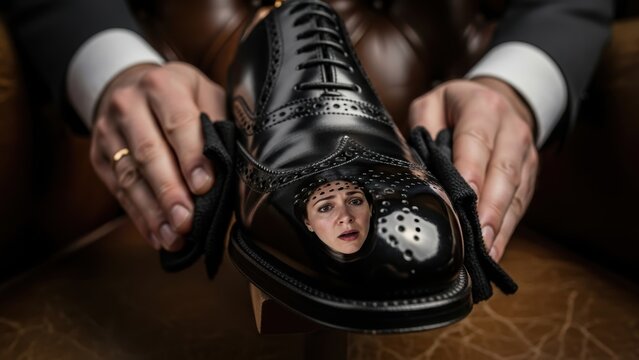 Surreal image of a frightened woman's face trapped inside a polished black shoe.
