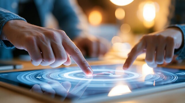 Closeup of a mentors hands pointing at a glowing circular roadmap on a tablet guiding a junior employee in a cozy home office with soft ambient lighting and a warm workspace.