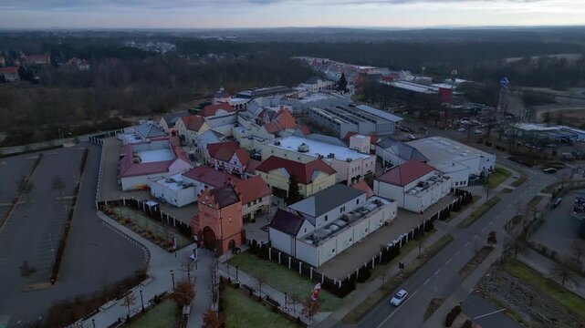 large shopping village outlet center complex, winter. Best aerial view drone