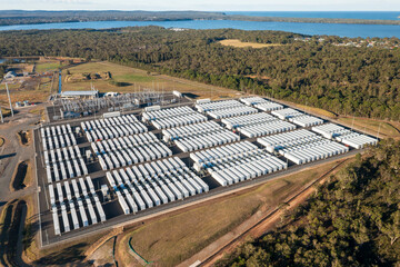 Wide aerial view of the Waratah Super Battery at Colongra, NSW, Australia. Completed in 2025, the battery energy storage system has an energy output of up to 850MWh. © Harley Kingston