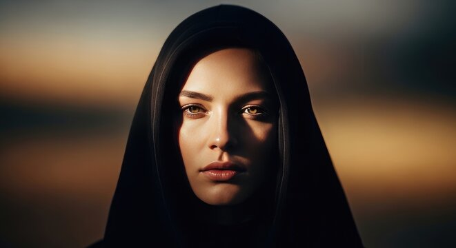 Woman in Hijab Looking Forward with Sunlight on Face.