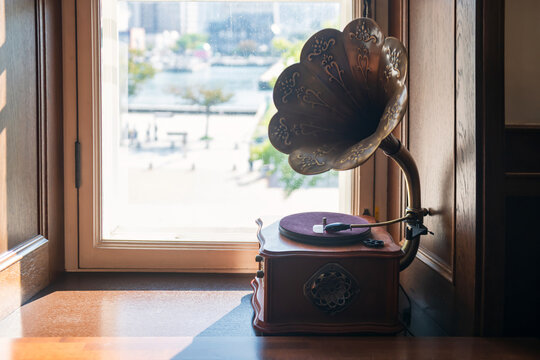 Gramophone vinyl record player with brass horn, Mojiko town, Kitakyushu
