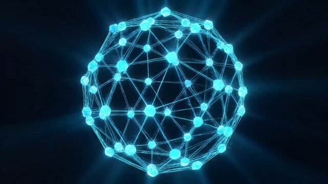 Abstract digital network sphere with glowing nodes and connecting lines on dark background