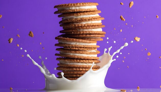 Cream-filled biscuit stack with dynamic milk splash and floating crumbs against a vibrant purple backdrop