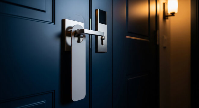 Modern hotel door handle with blank white sign, luxury dark blue room entrance, electronic smart lock on wooden door in hallway