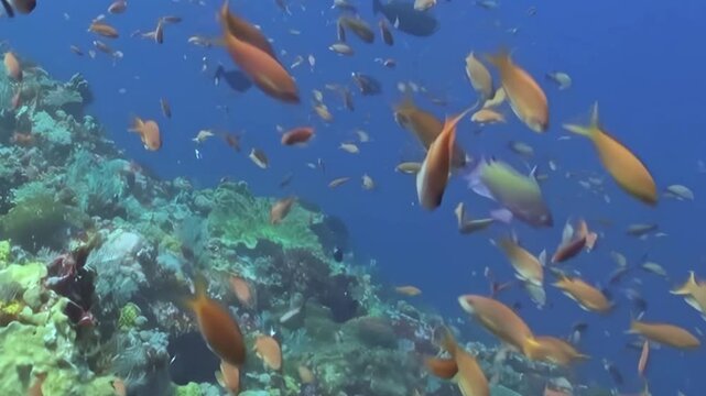 Countless orange and yellow tropical fish gracefully swim and dart over a lively coral reef ecosystem. This vibrant daytime marine spectacle unfolds in the clear blue ocean depths.