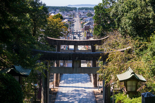 Torii gates of Miyajidake Shinto shrine with city view, Fukutsu, Fukuoka