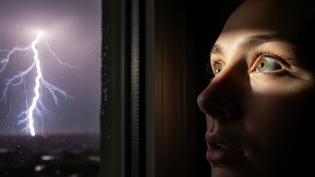 A woman with wide eyes looking at a lightning strike outside her window at night.