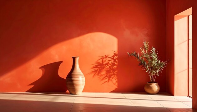 Bright Interior Light and Soft Shadow Pattern on Warm Terracotta Red Background, Modern Minimalist Sunlight and Abstract Wall Texture Concept