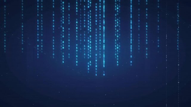 Abstract blue binary code raining down on a dark digital background for technology concepts