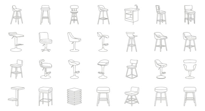A comprehensive collection of diverse bar stool designs, showcasing various styles and functionalities for modern and classic interiors.