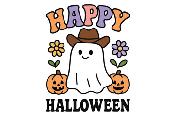 Fototapeta premium Ghost with cowboy hat and pumpkins colorful vector illustration for halloween decorations cartoon cute drawing