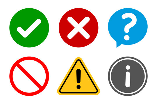 Check mark, cross, question, warning, prohibition and information symbol set. Yes, no, exclamation, ban and info icon collection, Vector illustration