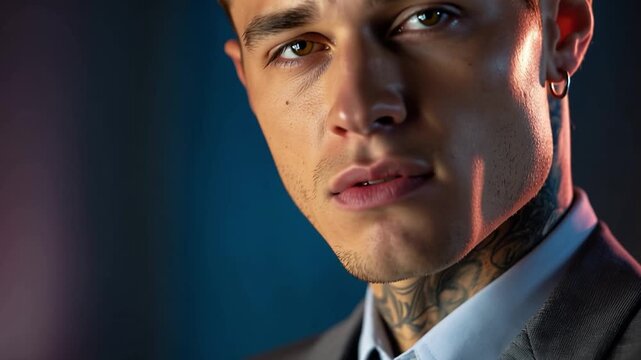 Young man in suit, visible tattoos, serious expression