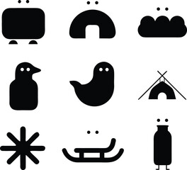 Minimalist winter and arctic themed collection of icons with snowflake creature silhouette © Tetewa